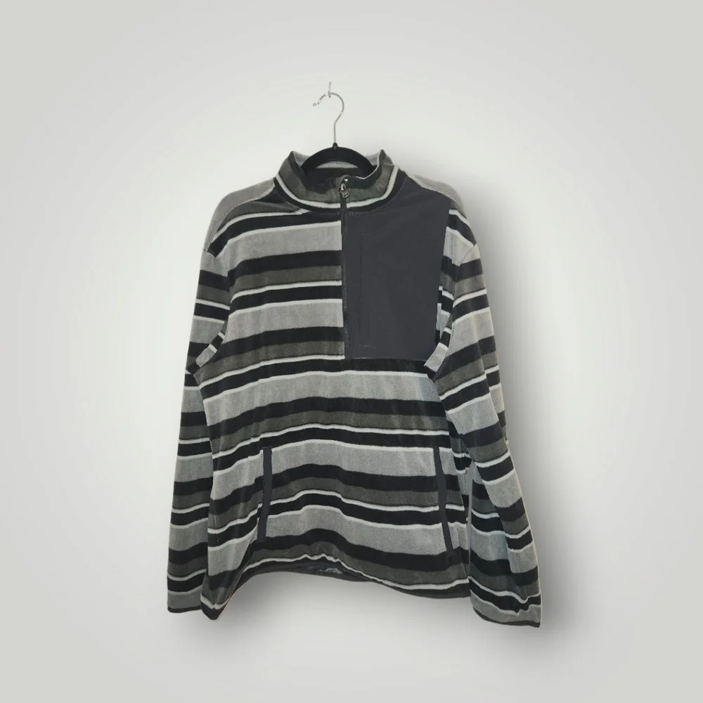 Duluth Trading co 1/4 Zip Fleece pullover Mens L black gray striped Chec…